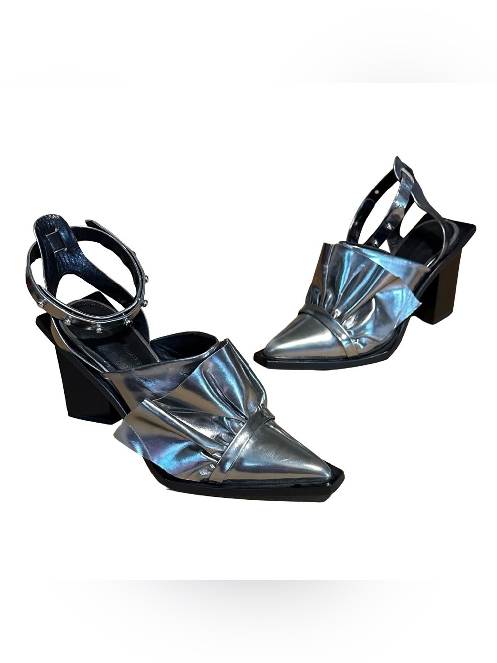 MARQUES' ALMEIDA SILVER PEWTER LEATHER "FRILL" HEELS (37)